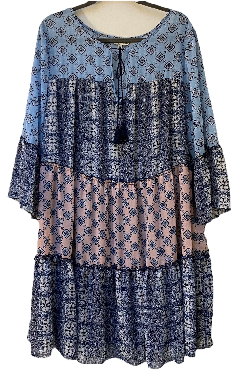 Speechless Sz 3X Tiered Dress Semi Sheer Lined Navy Lt Blue Pink Tie At Neck