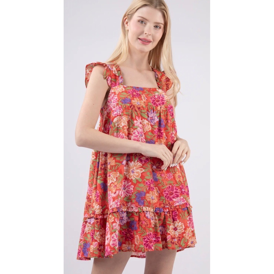 Very J Womens Floral Babydoll Mini Dress Orange Ruffle Sleeve – Size M