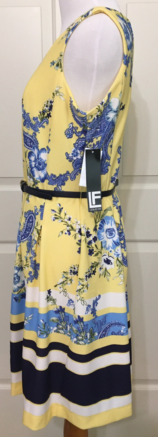 NWT Leslie Fay size 6 yellow blue white floral sleeveless fit and flare dress