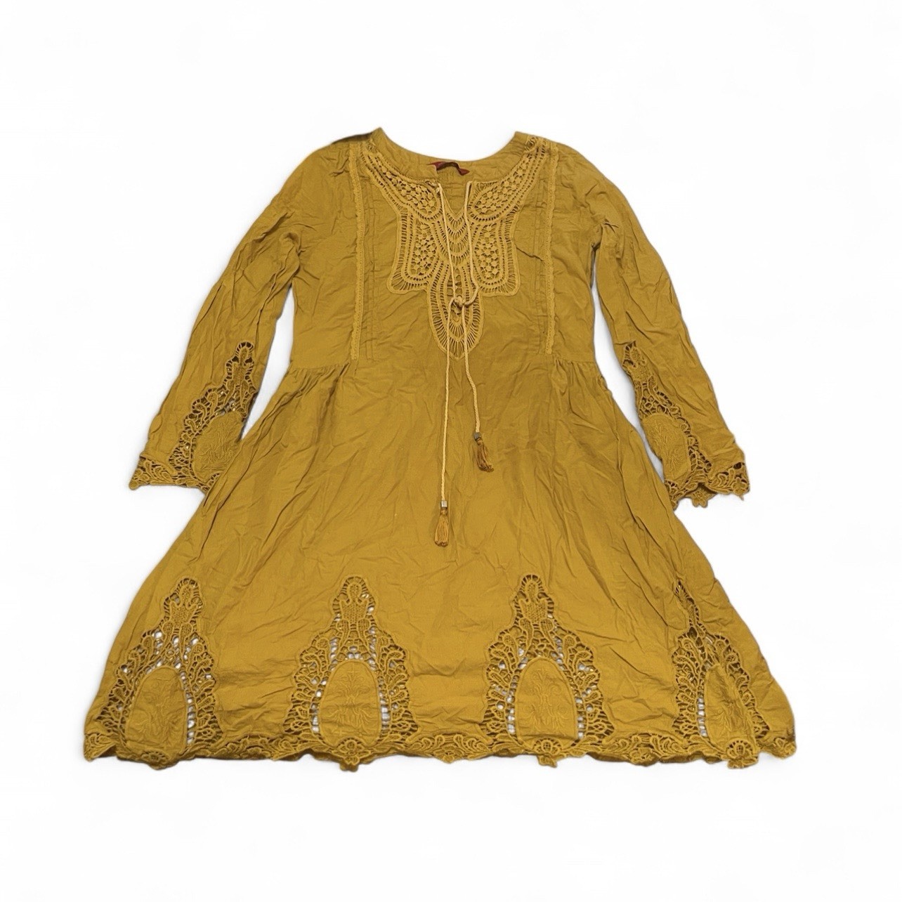 Lakshita Yellow Lace Detail Dress | Bell Sleeve Boho Style | Size M