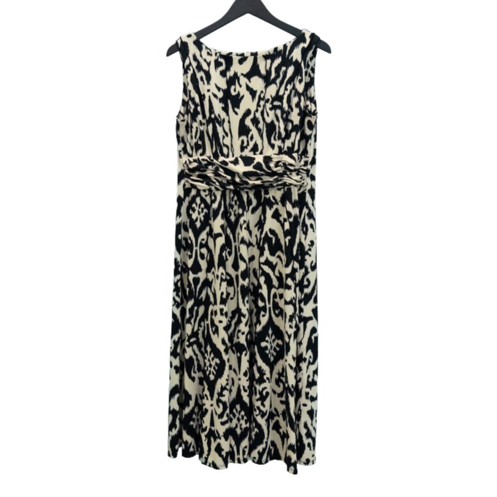 Midi Dress Womens L Black Cream Ikat Ruched Waist Sleeveless Boho Office