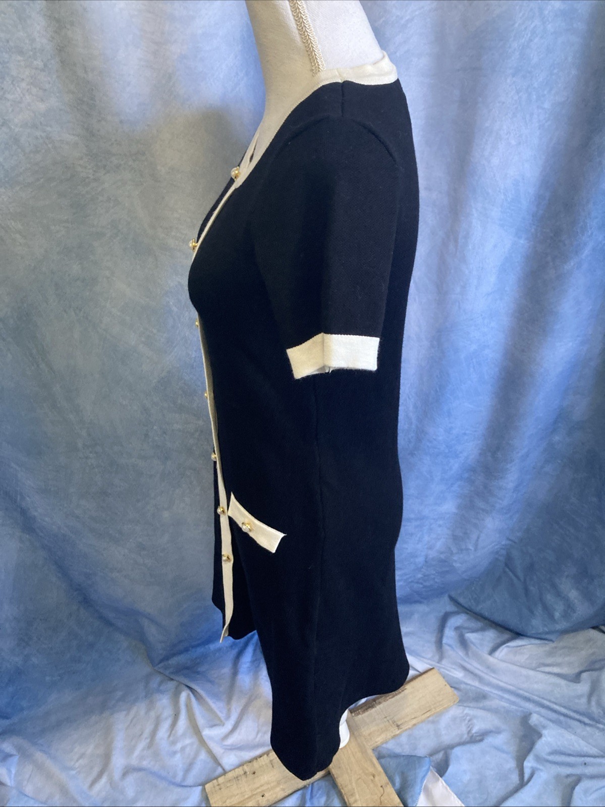 Taylor Black Knit Button Front Mini Dress Cream Contrast Trim Gold Detail Small