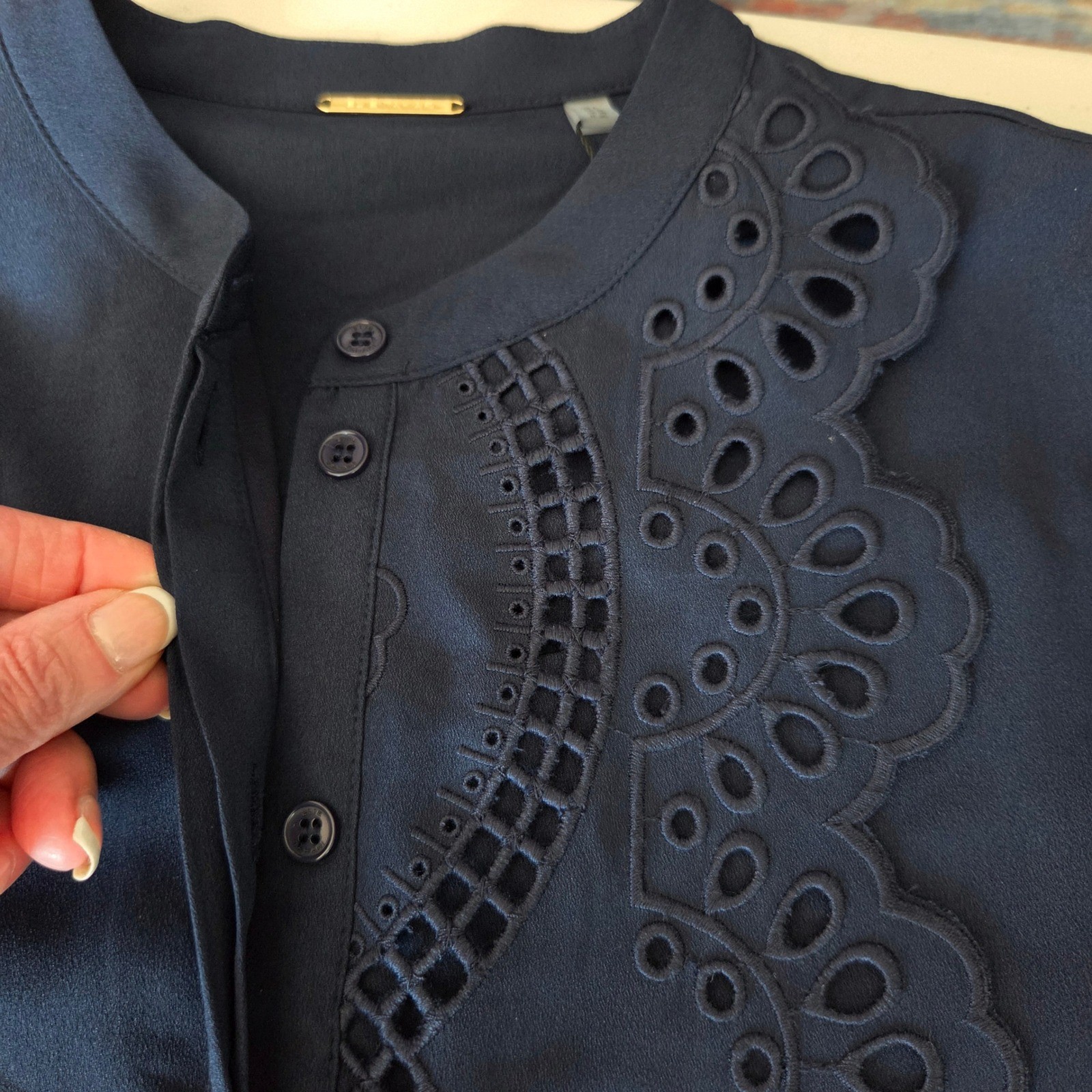 Elie Tahari Navy Blue Eyelet Embroidered Midi Shirt Dress Tie Waist NWT