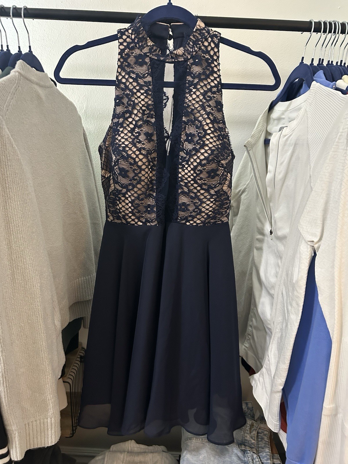 Dear Moon Women’s Navy Floral Lace Fit & Flare V-Neck Sleeveless Zip 3