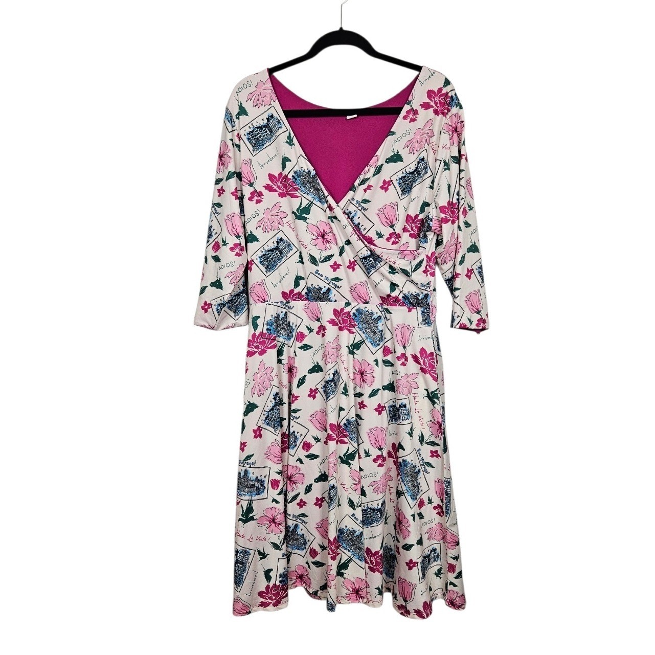 Betabrand Dress Sz XXL Reversible 4-Way Wrap Magenta Pink Floral Travel Print