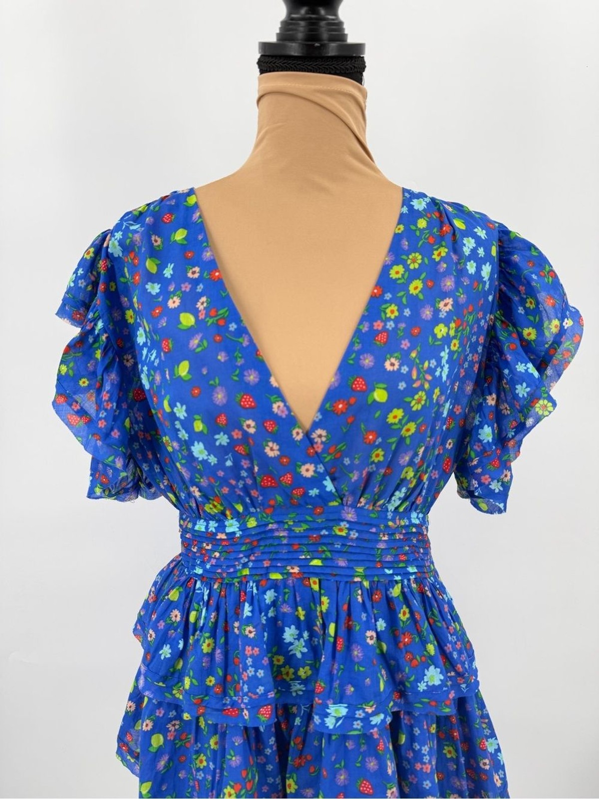 Blue Strawberry Floral Puff Sleeve Tiered Mini Dress L Cottagecore cotton euro
