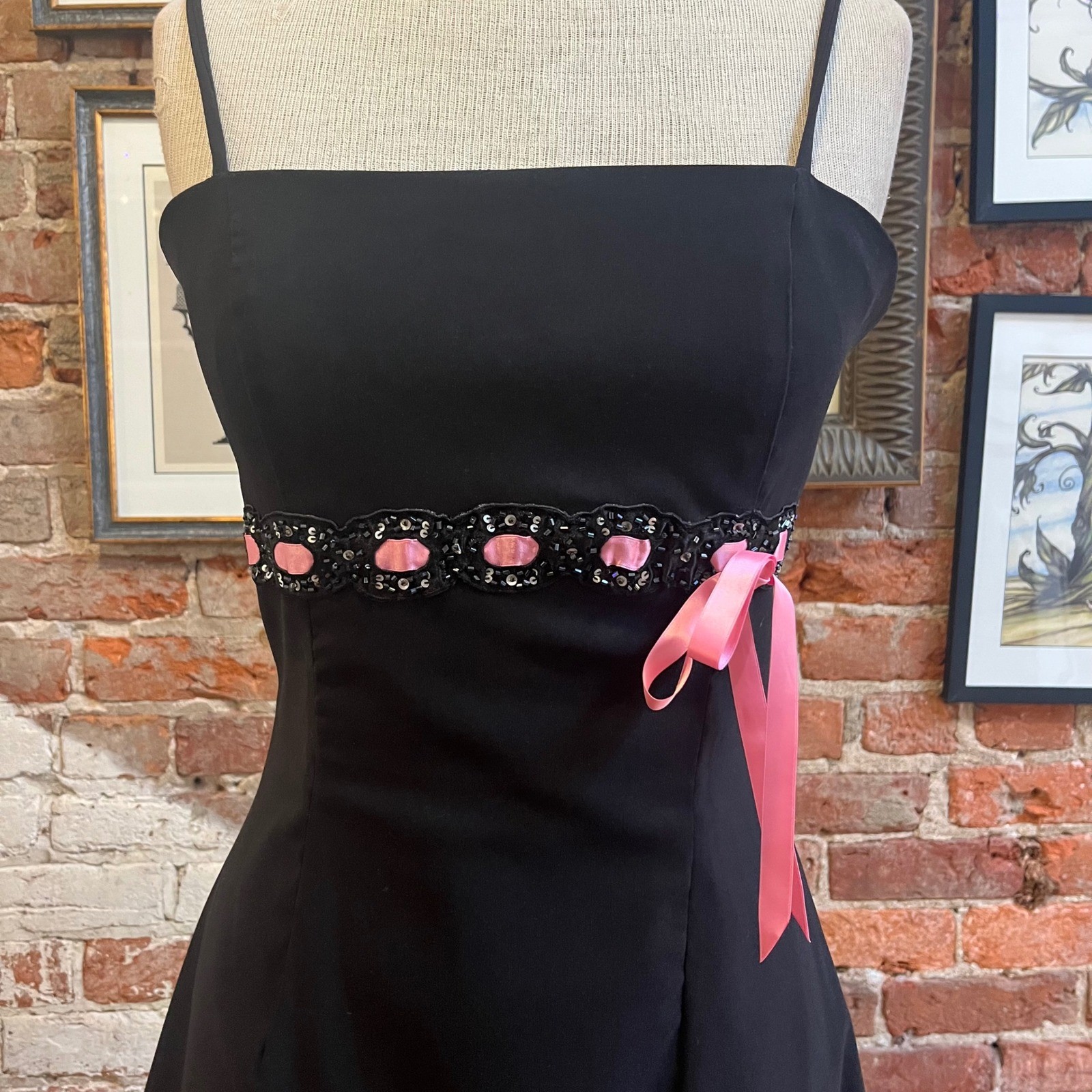 Pulse Y2k Black Pink Ribbon Beaded Empire Waist Mini Dress Tulle Bow – Large