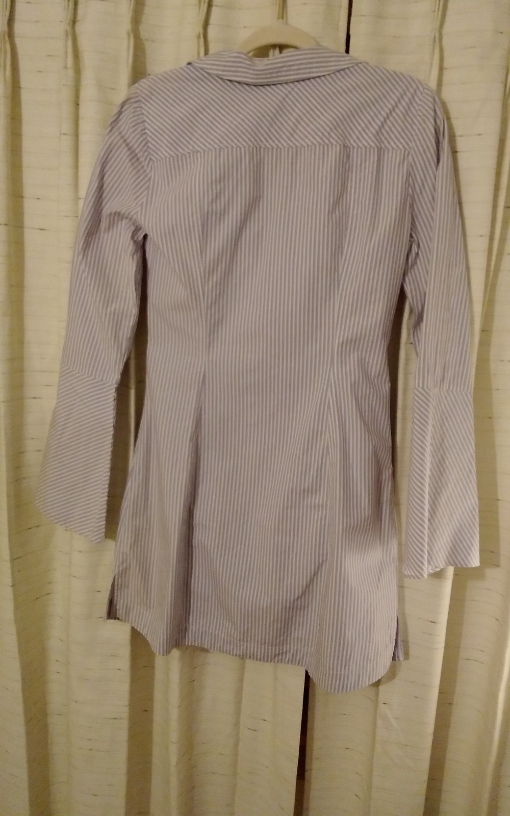 Free People Center Gathered Bell Sleeve Striped Shirt Dress Blue Med