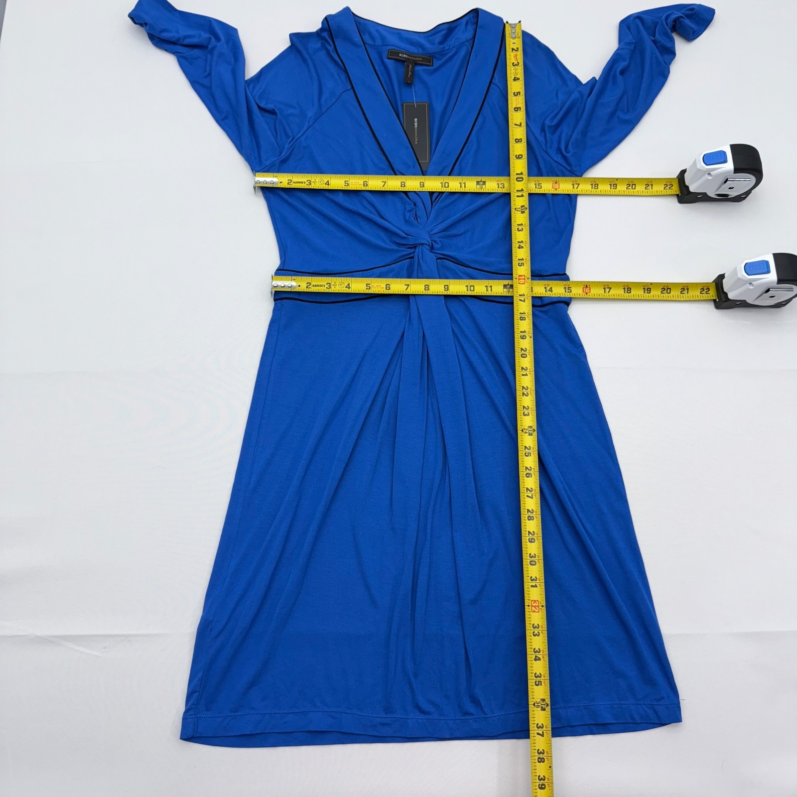 NWT BCBG Maxazria Ruched Low Cut V-Neck Dress Womens Large Blue Long Sleeve