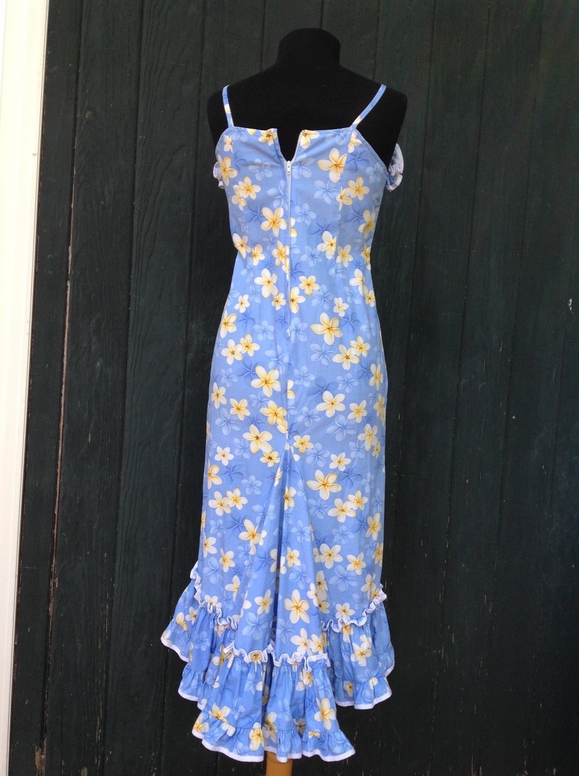 KY’s Hawaii Sz12 Junior Cotton Spaghetti Straps Ruffle Dress Blue Floral vintage