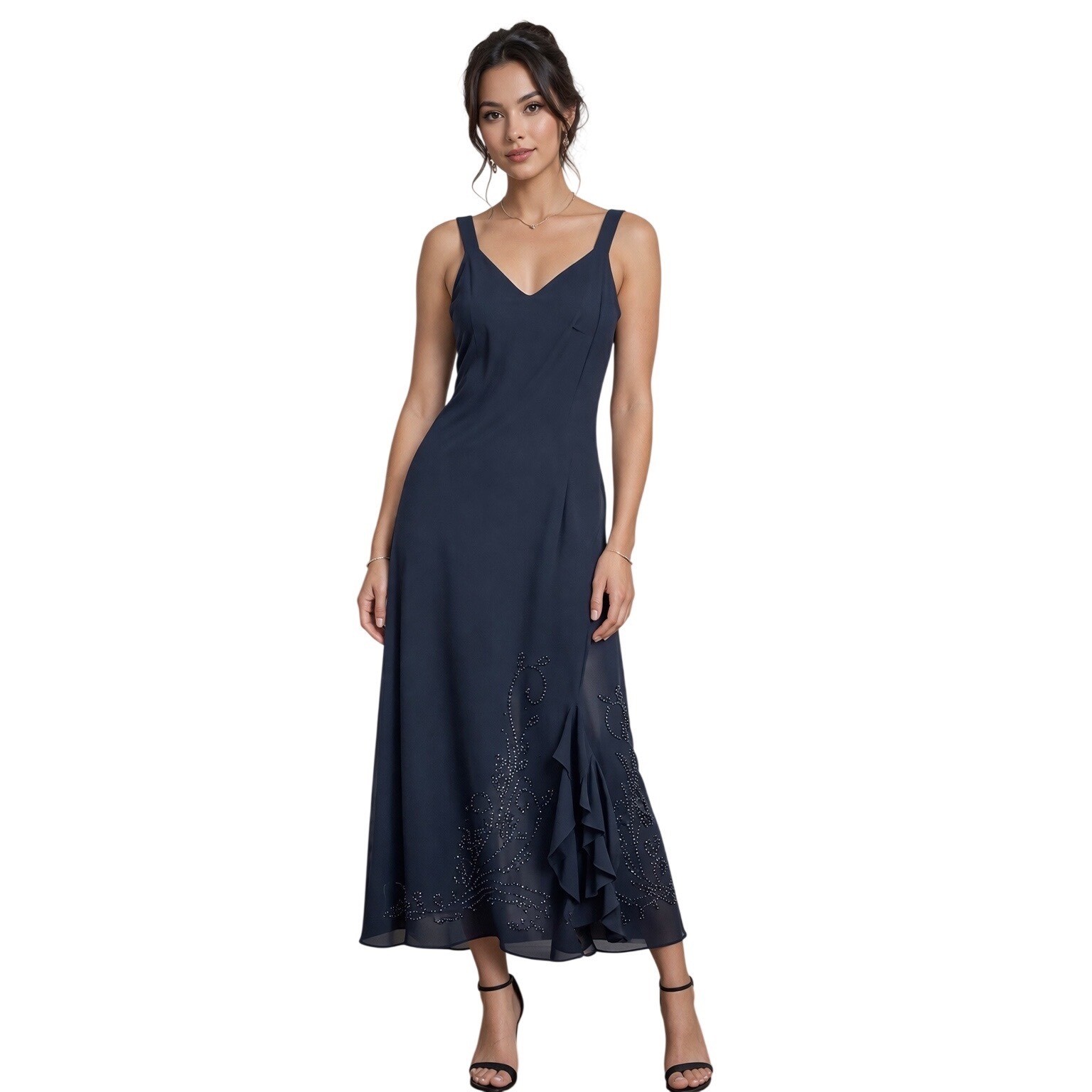 R&M Richards Vintage 90s Black Beaded Ruffle Hem Midi Dress 6P V-Neck Evening