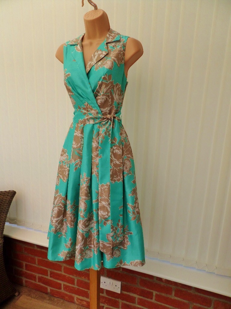 ELIZA J TURQUOISE GOLD IVORY FLORAL SATEEN 50’S PLEAT FLARE MIDI DRESS 8 NWOT