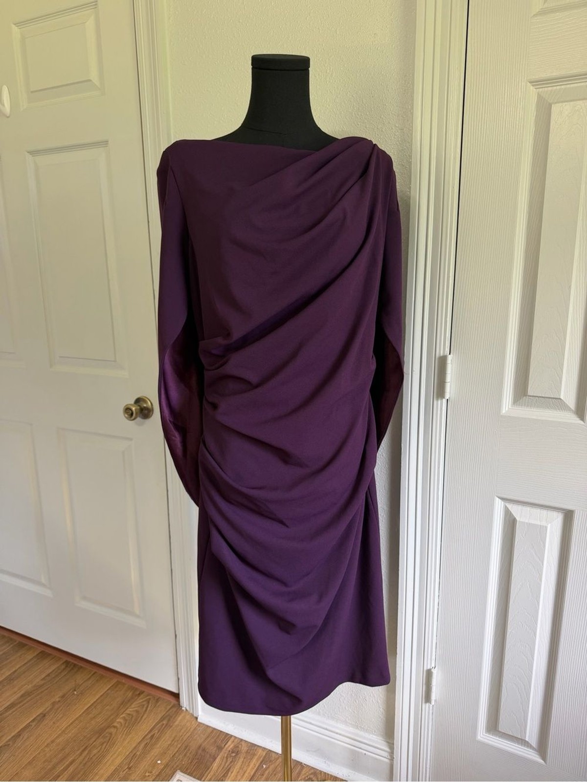 Betsy & Adam Aubergine Draped Cape Back Cocktail Dress 14 Ruched Sheath MOB