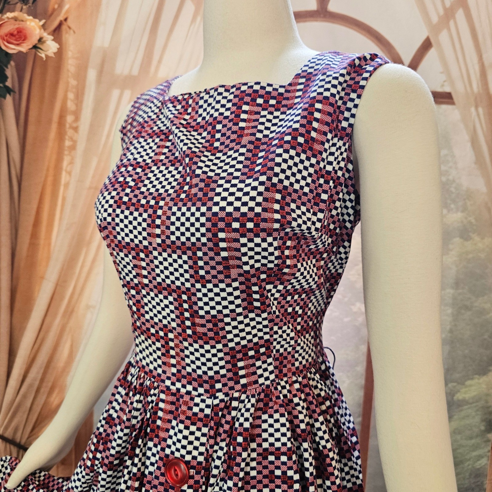Vintage 1960’s Geometric Checkered Fit & Flare Dress Red White Navy Square Neck