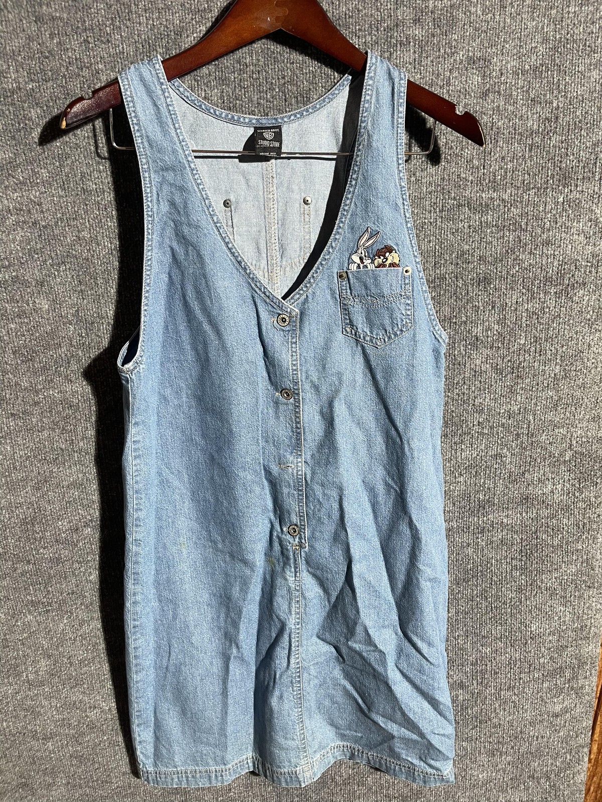 Vintage Looney Tunes Denim Jumper Dress Womens Medium Blue Warner Bros 90s