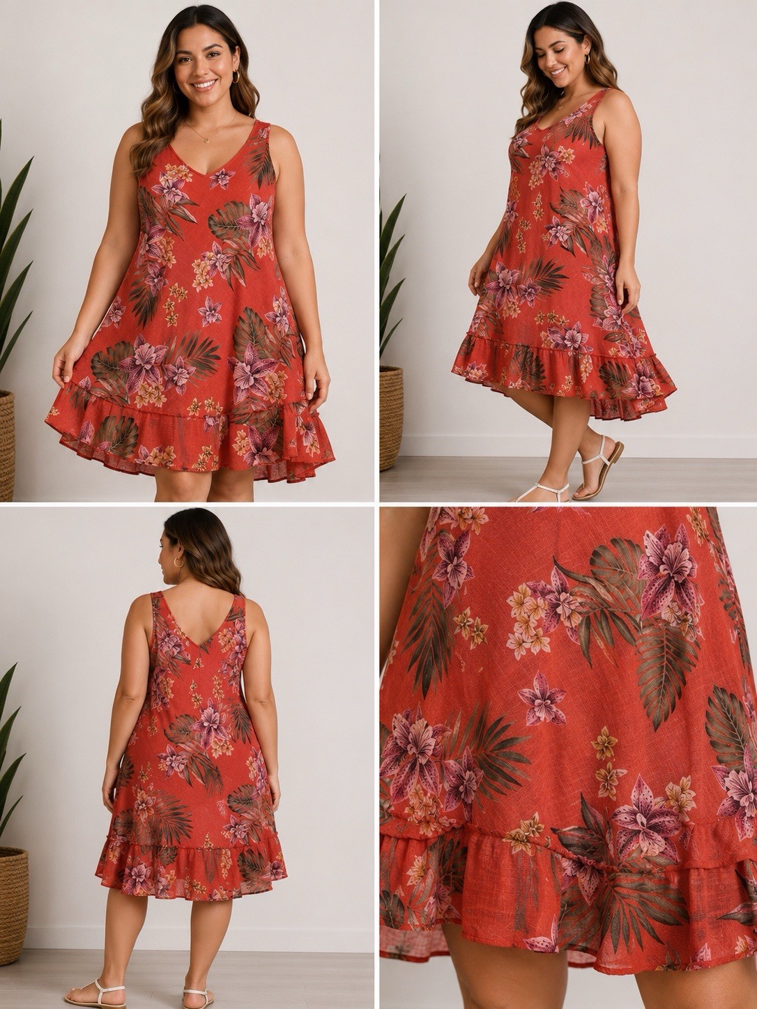 Cherish Womens Large NWT Floral Sundress Orange Pink Tropical Ruffle Hem Italy