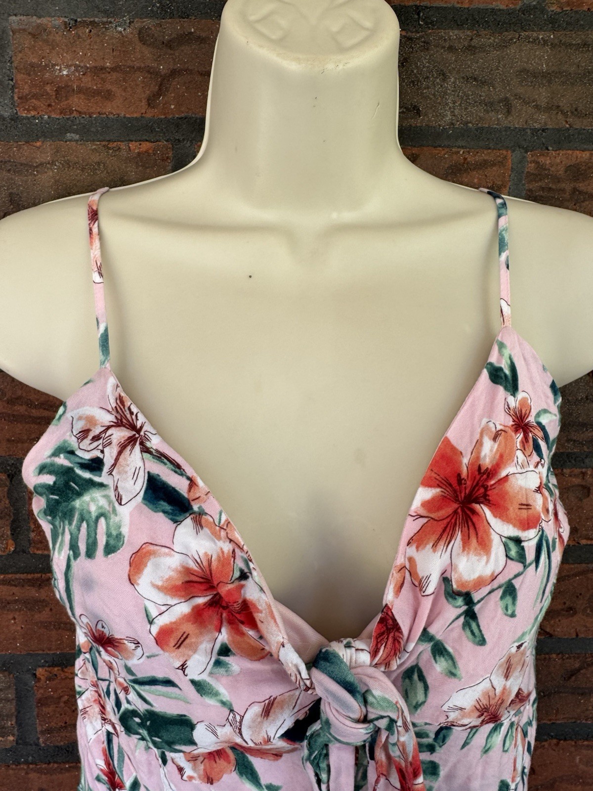 Floral Print Mini Dress Medium Tied Bust V-Neck Button Front Spaghetti Strap