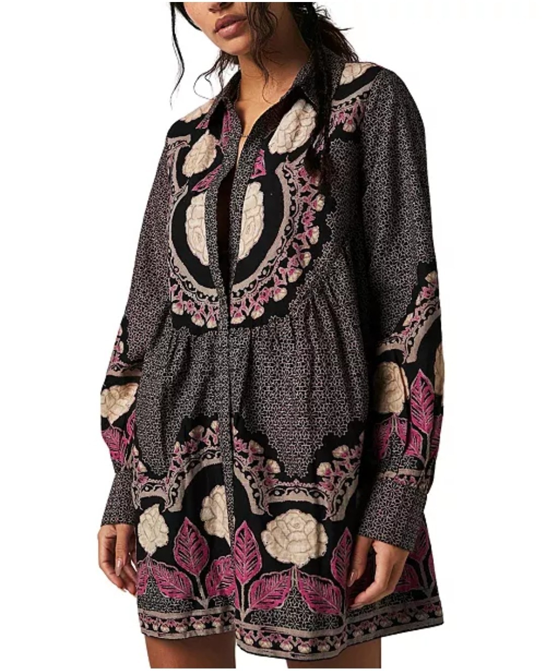 Free People Smell The Roses Mini Shirt Dress Tunic Bohemian Snap Front Sz Large
