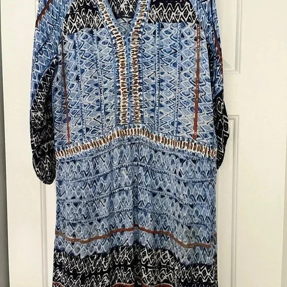 NIC+ZOE Blue Graphic 3/4 Sleeve Lightweight Tunic Dress Tribal Print Extra Small