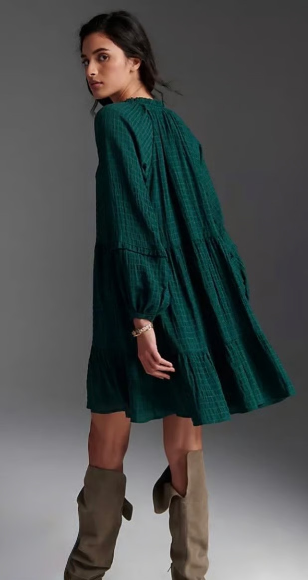 Maeve by Anthropologie Tiered Babydoll Dress Green Long Sleeve Small