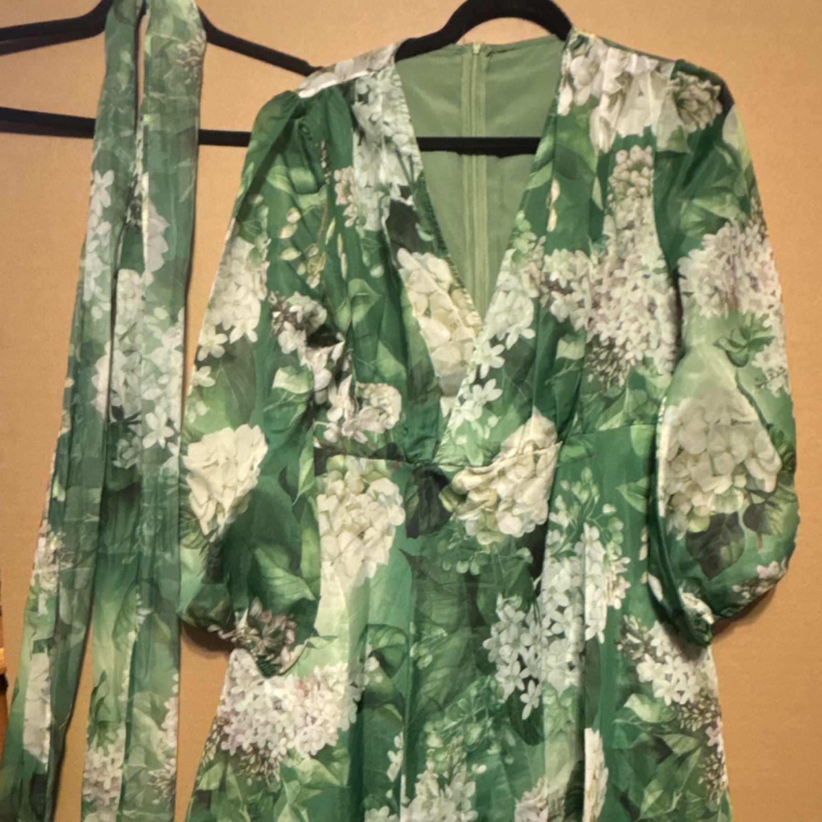 Green White Floral V-Neck A-Line Short Tie Belt 3/4 Sleeve Dress S
