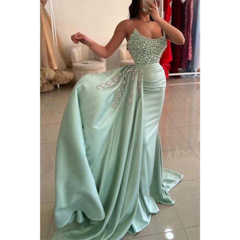 Elegant Mint Green One-Shoulder Evening Gown / Prom Dress with Beaded Detail