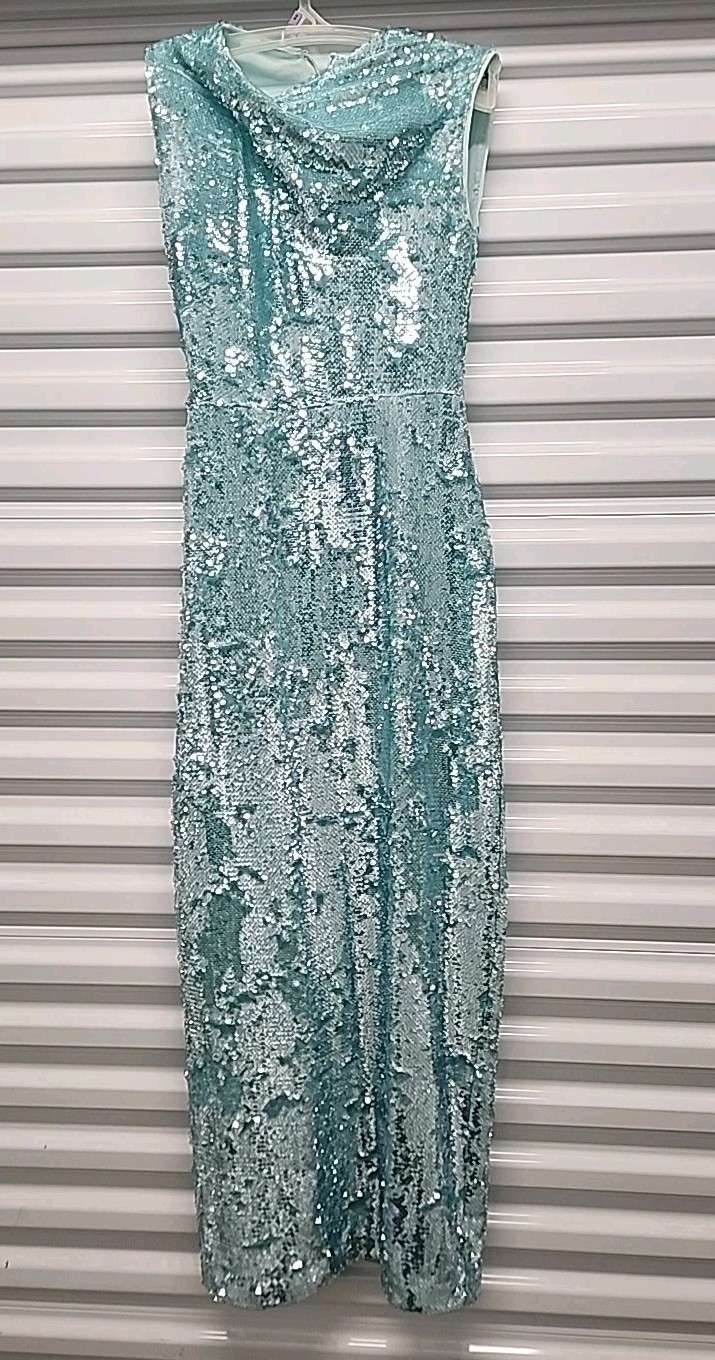 Roland Mouret Sequined Light Aqua Blue Maxi Long Dress Sz 4