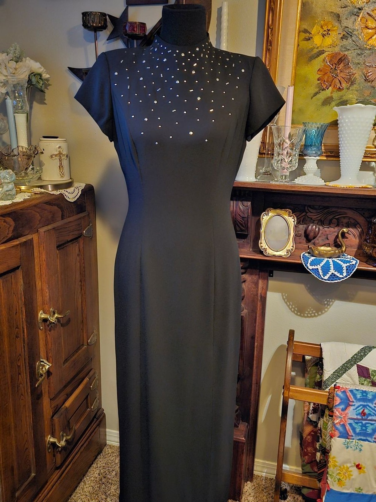 Vintage David Warren Black Beaded Mock Neck Midi Dress 90s Goth Size 4