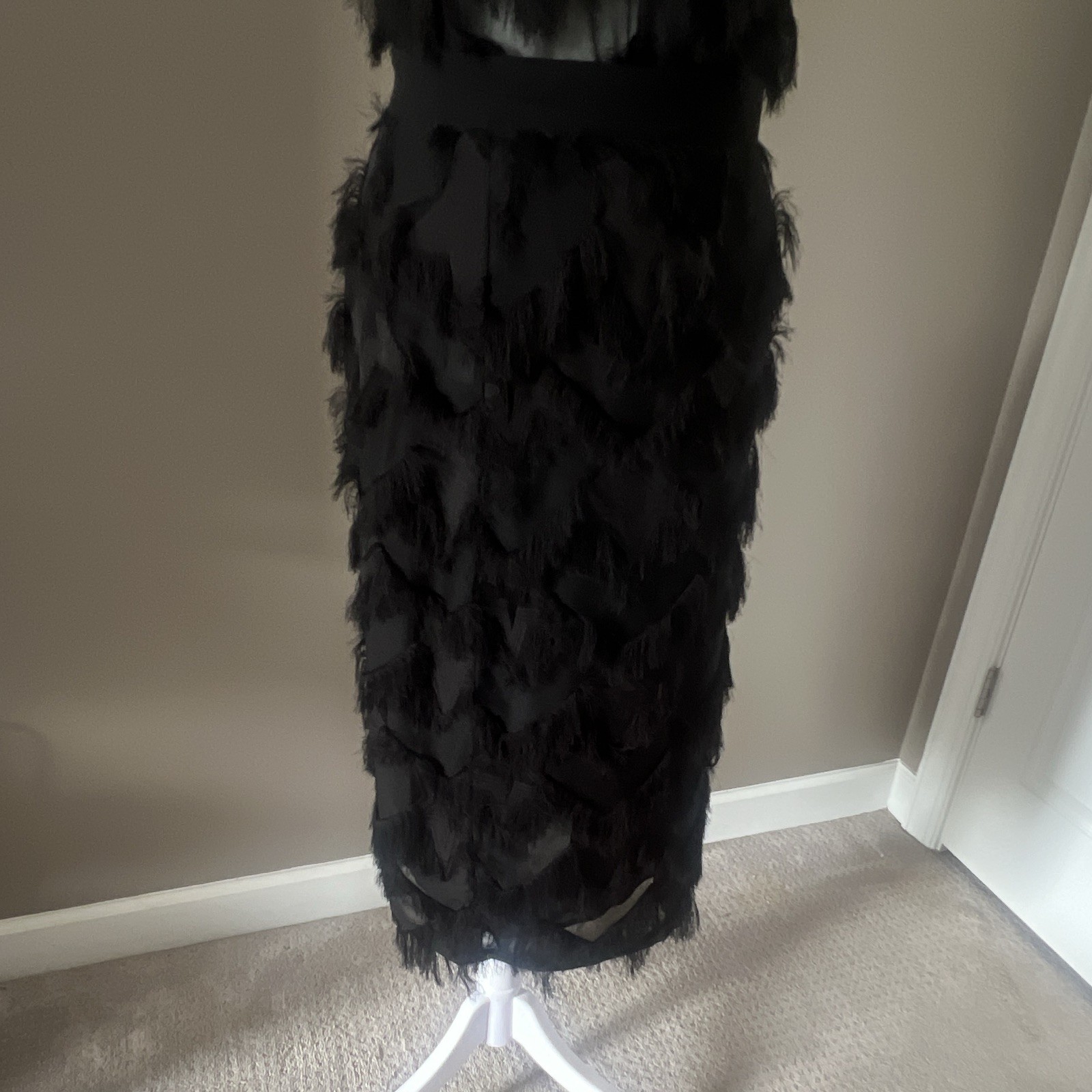 Marella Gattini Black Sheer Mesh Fringe Long Pencil Skirt High Rise 4
