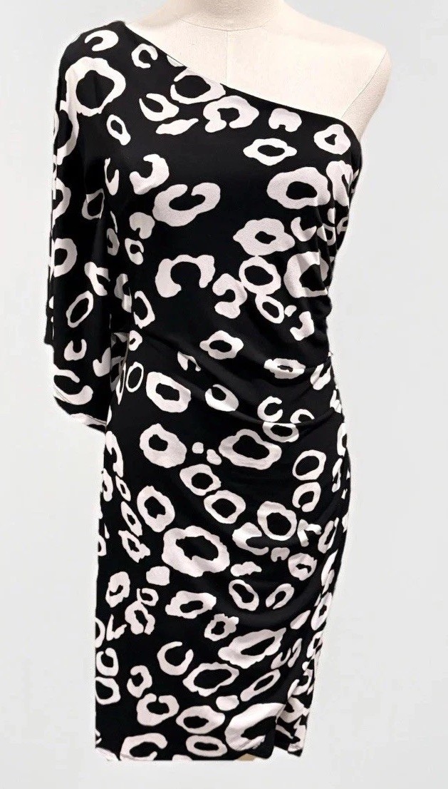 Y2K Enfocus Studio One-shoulder Black/White Kimono Sleeve Bodycon Dress Size 8