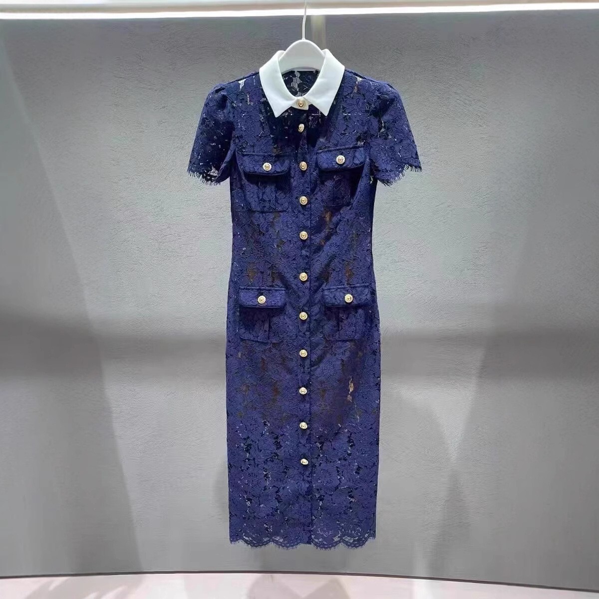 Self-Portrait Dark blue Lace Splicing Color contrast Flip collar Dresses