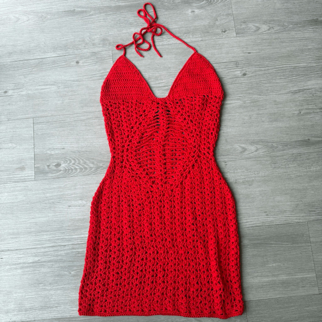 Outcast Red Crochet Halter Mini Bodycon Dress Size S/M