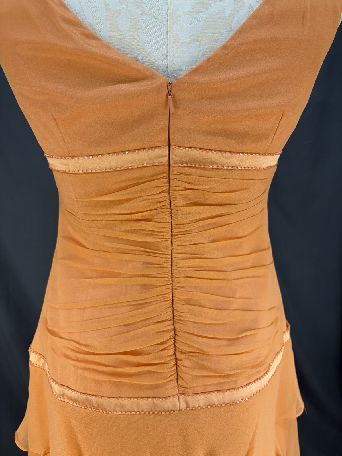 VTG CAILAN’D Orange Beaded Ruffled Midi Dress Size 16 with Matching Neck Scarf