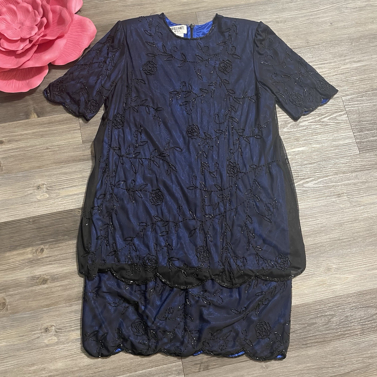 Vintage BRILLIANTE BY J.A. Sz XL Navy Beaded Sequined Dress Layer Illusion Glam