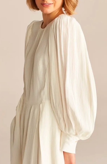 REBECCA TAYLOR Snow White Long Puff Sleeve Sheer Opaque Shadow Stripe Dress 2 XS