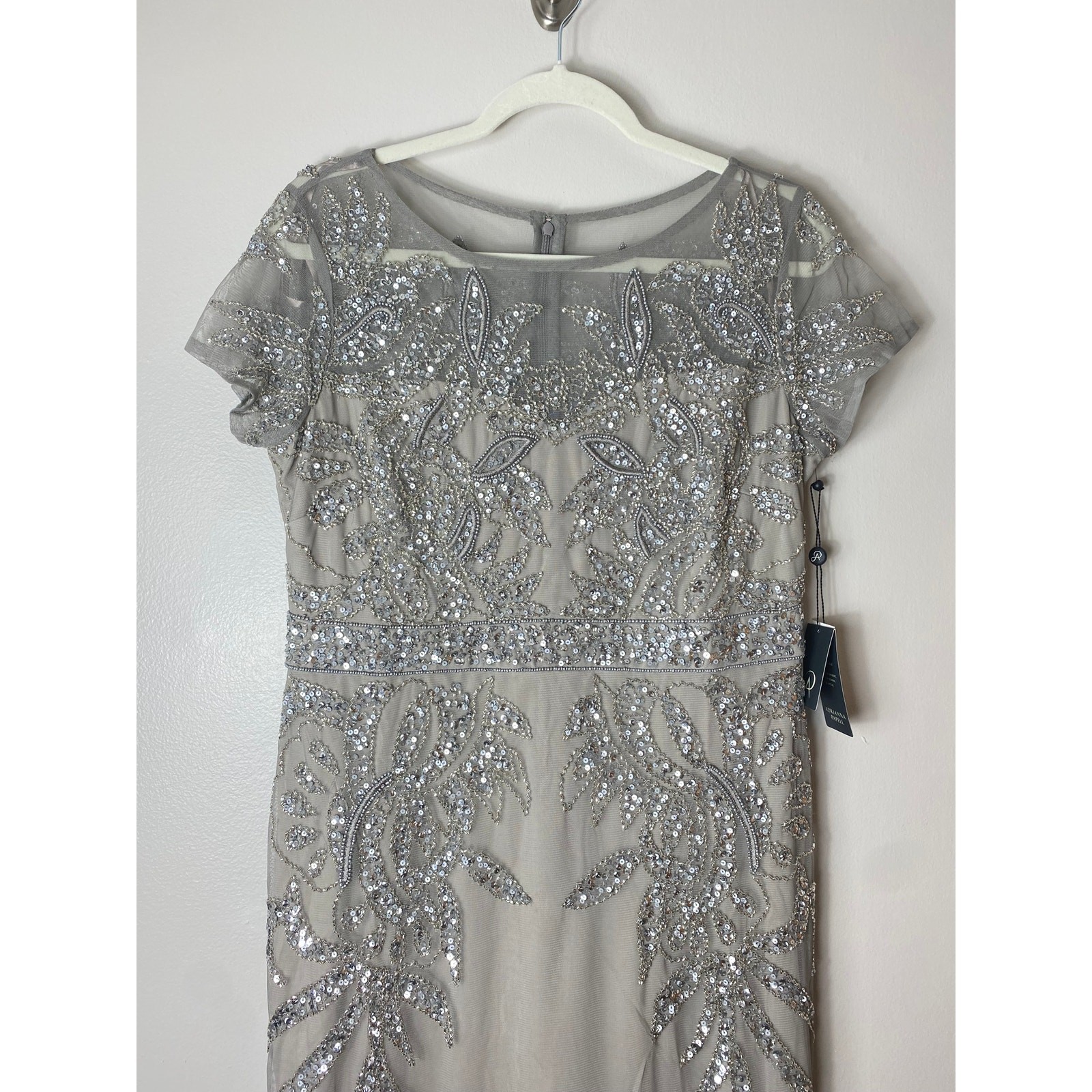 ADRIANNA PAPELL DRESS 14 SILVER SEQUIN BEADED WEDDING GUEST COCKTAIL PARTY SHORT