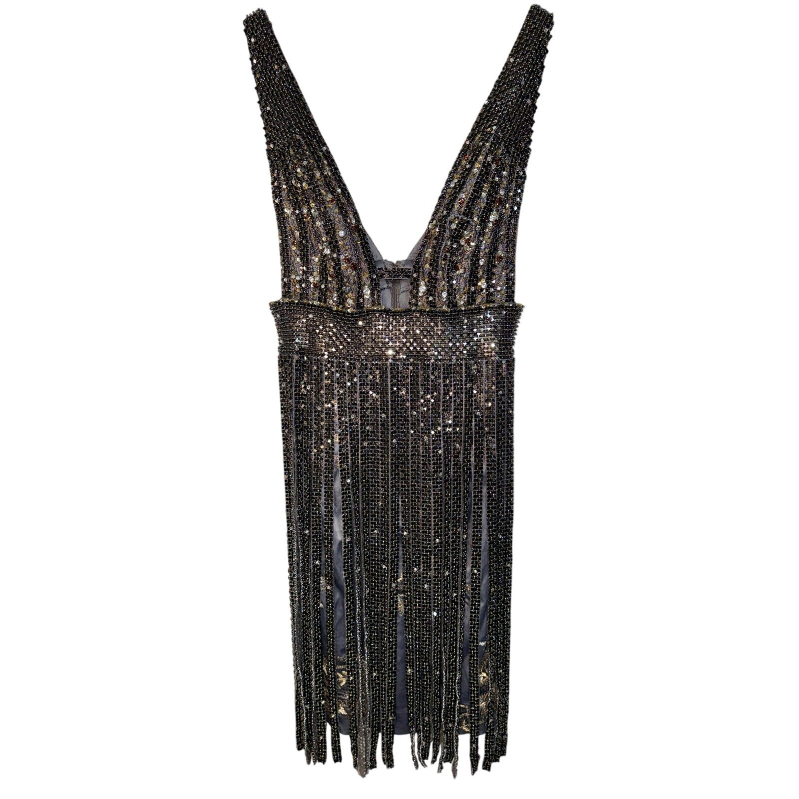 NWT Mandalay Gunmetal Beaded Fringe Cocktail Party Formal Mini Dress Womens Sz 6