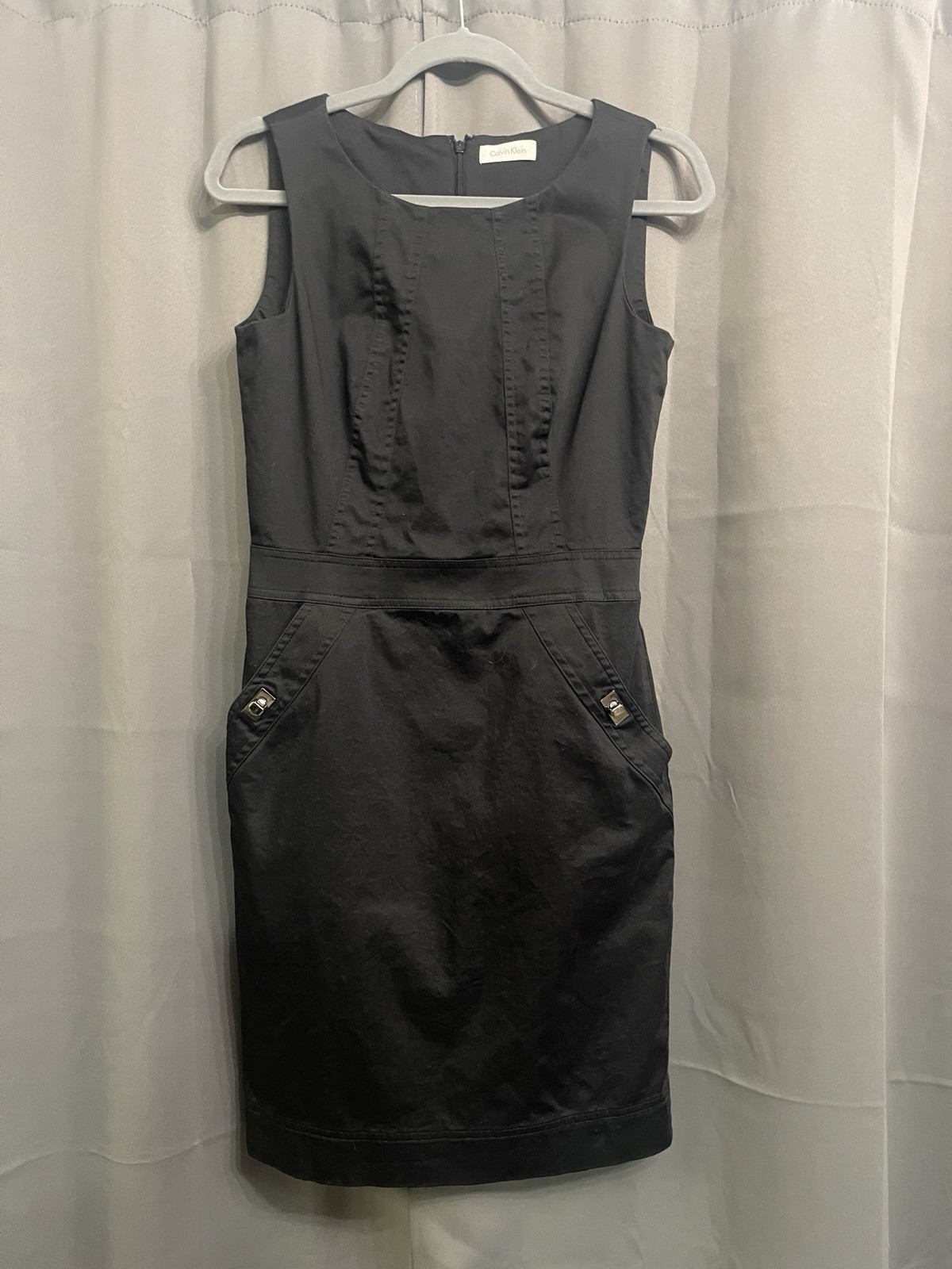 Calvin Klein Black Sheath Dress Sleeveless Square Neck Zip Pockets no size tag S