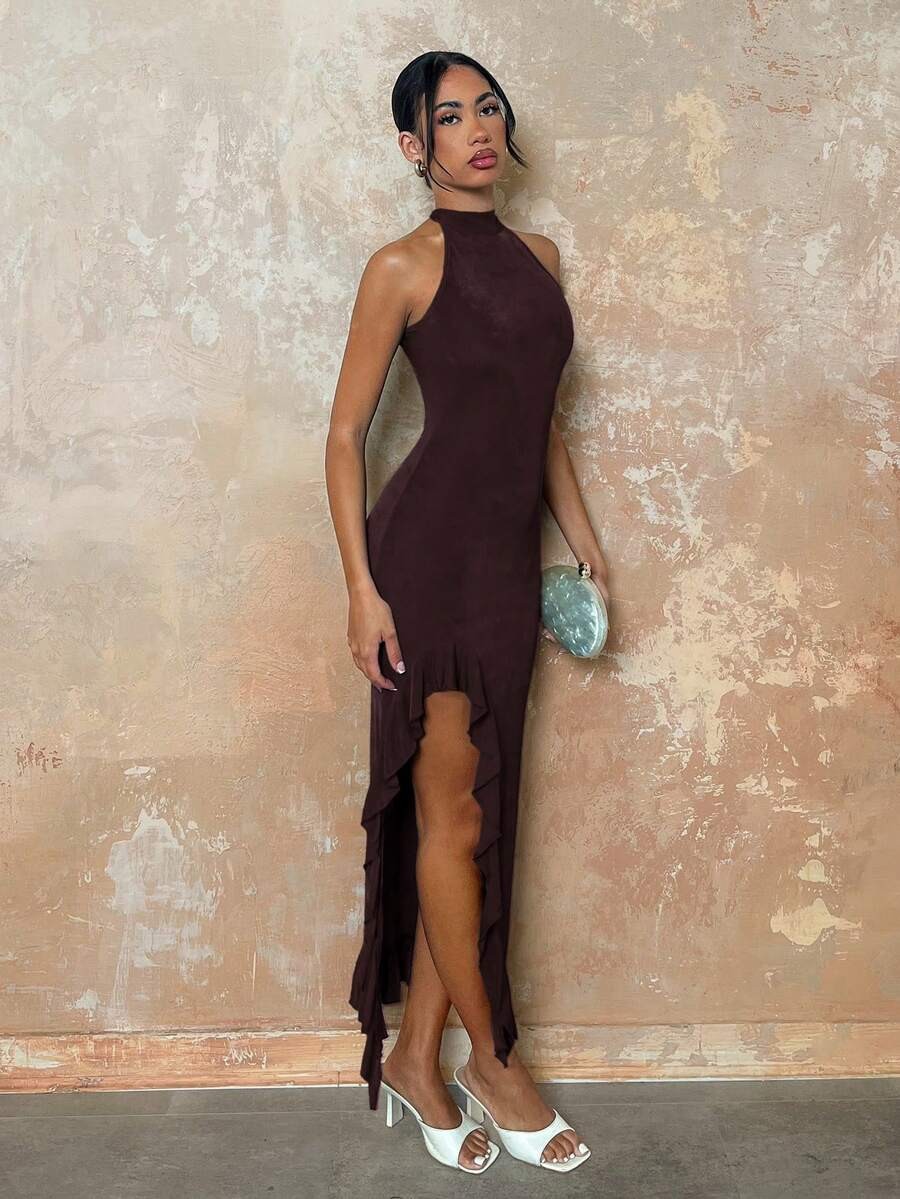 Elegant Halter Maxi Dress Backless Ruffle Bodycon Split Thigh Party Gown