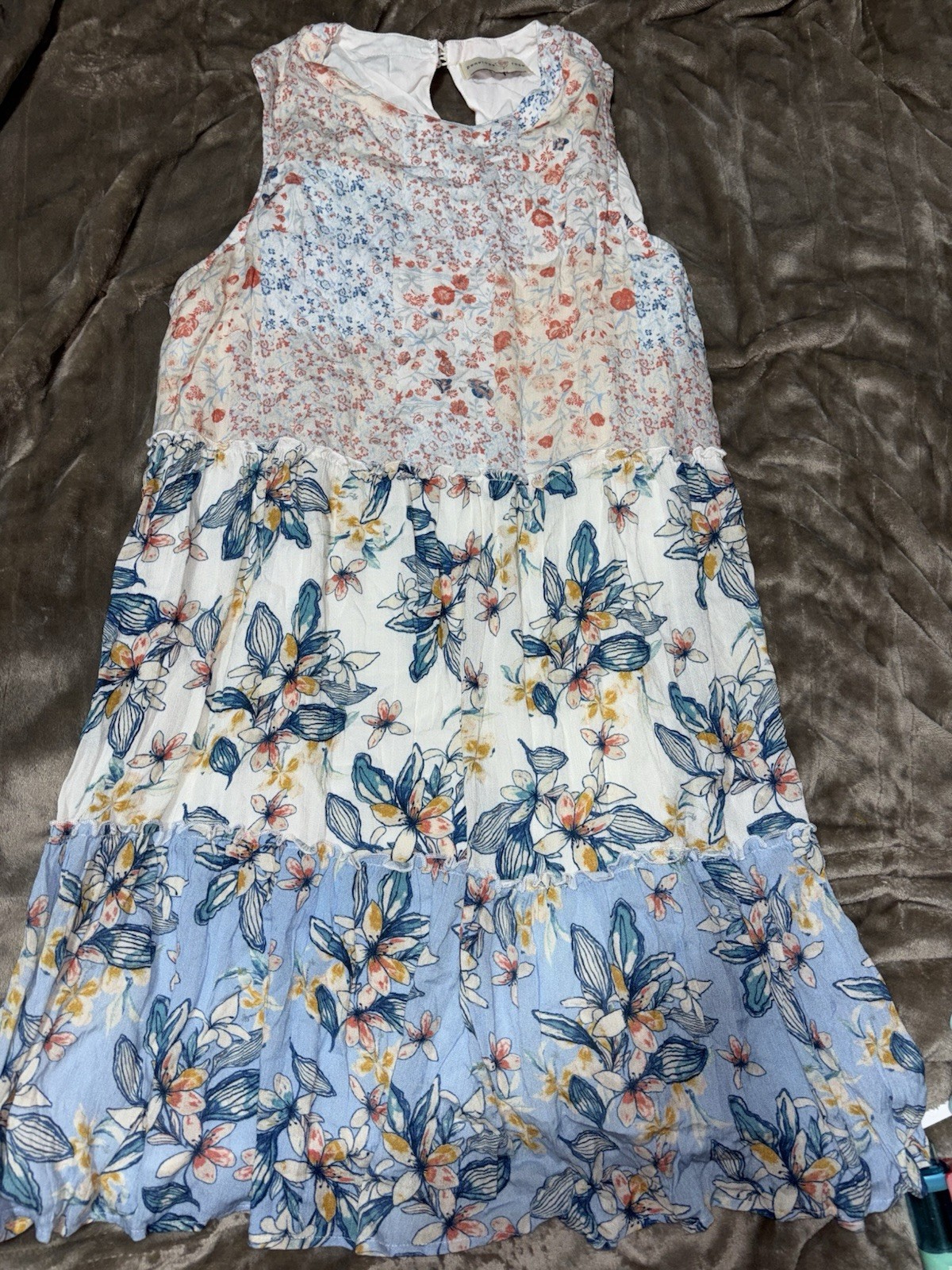 Penelope Rose Blue White Red Floral Trapeze Swing Dress Sleeveless L