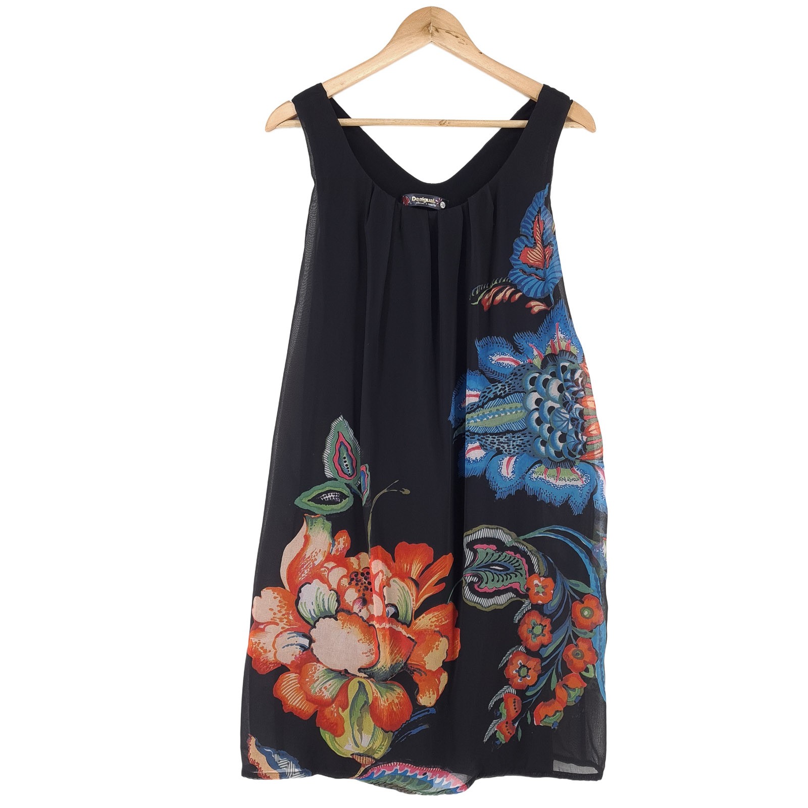 Desigual Shift Dress Black Floral Print Sleeveless Chiffon Size 38