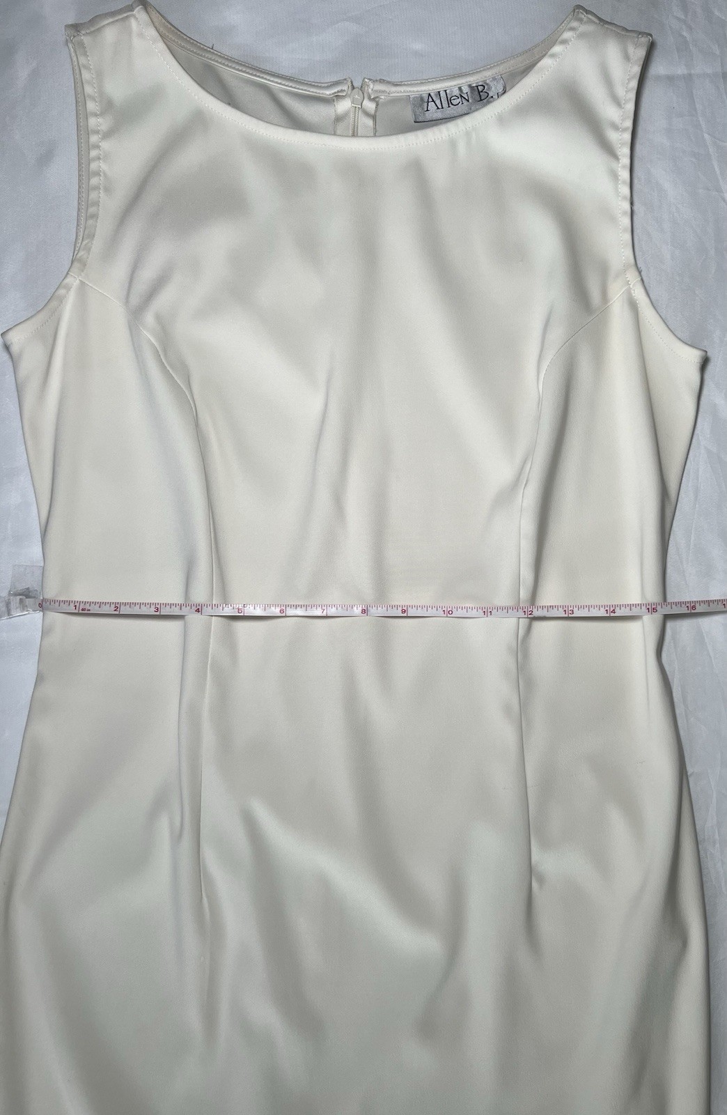 Allen B. Ivory Solid Scoop Neck Sleeveless Satin Sheath Knee Dress Zip 10