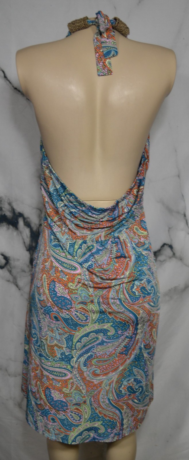 TALIA Teal Orange Lavender Paisley Halter Dress Large Padded Bust Beaded Accent