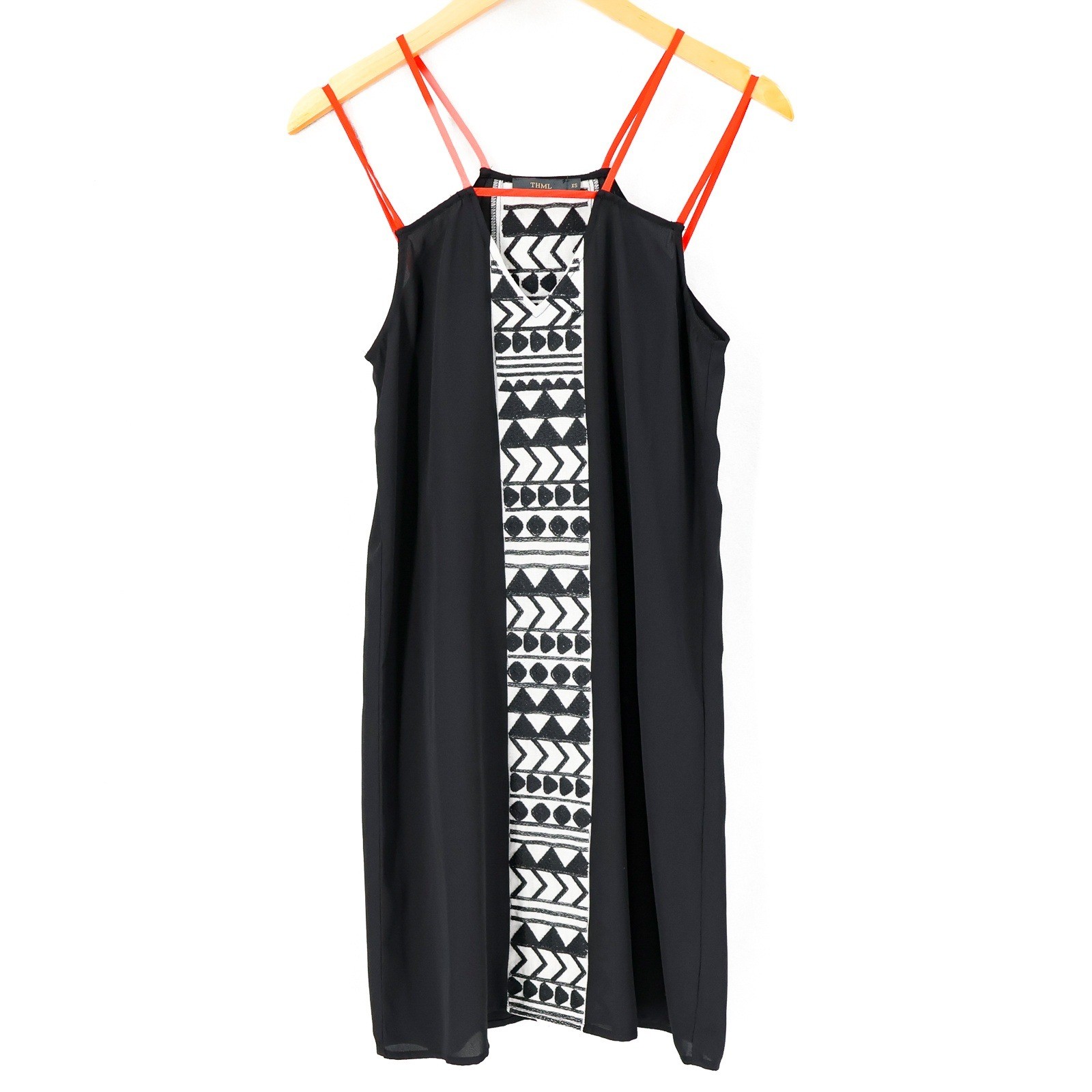 THML Shift Dress Womens XS Embroidered Geometric Strappy Black China