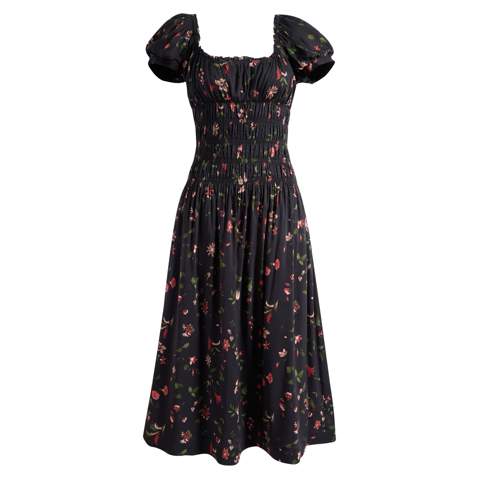 Nwt Reformation Riva Puff Sleeve Shirred Midi Dress in Black Floral Size XS