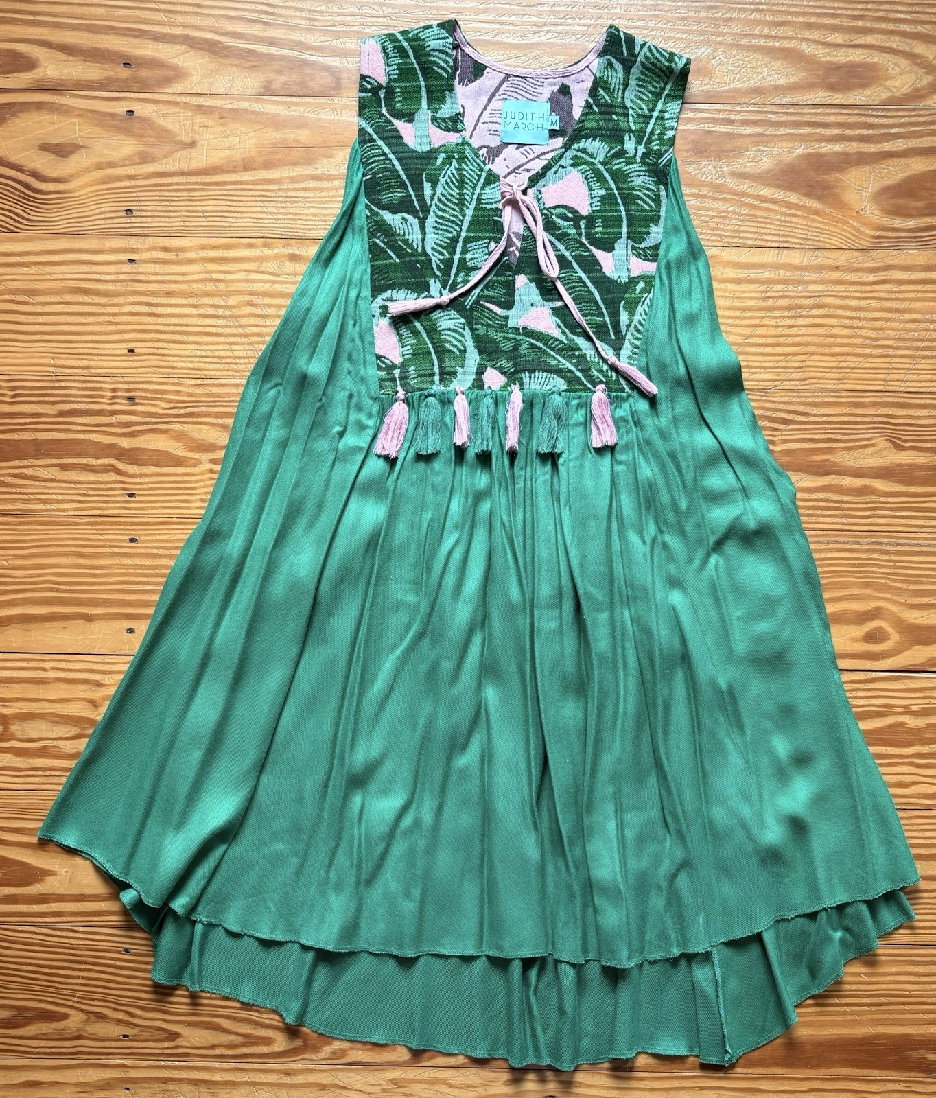 Women’s Judith March Green Tropical Pink Tassels Sleeveless Swing Dress M Medium