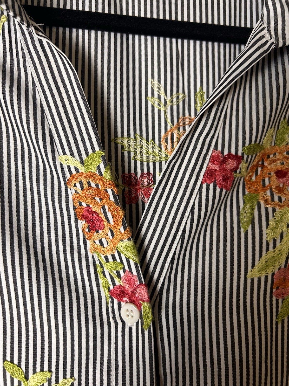ICE Black White Striped Floral Embroidered Button Belted Midi Shirt Dress L