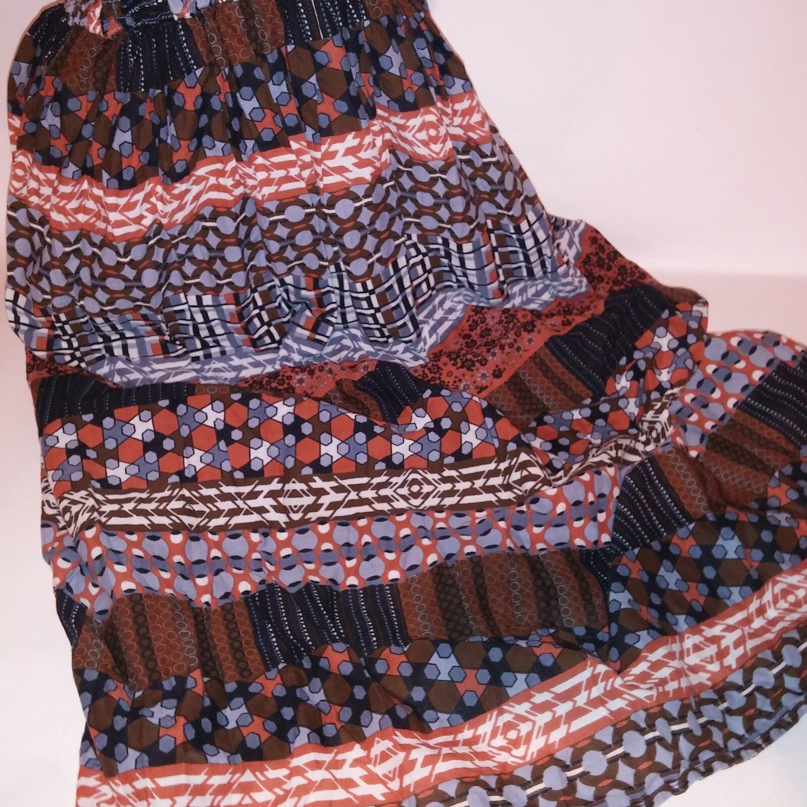 K Trixx Sun Dress Maxi Large Brown Blue White Smocked Sleeveless