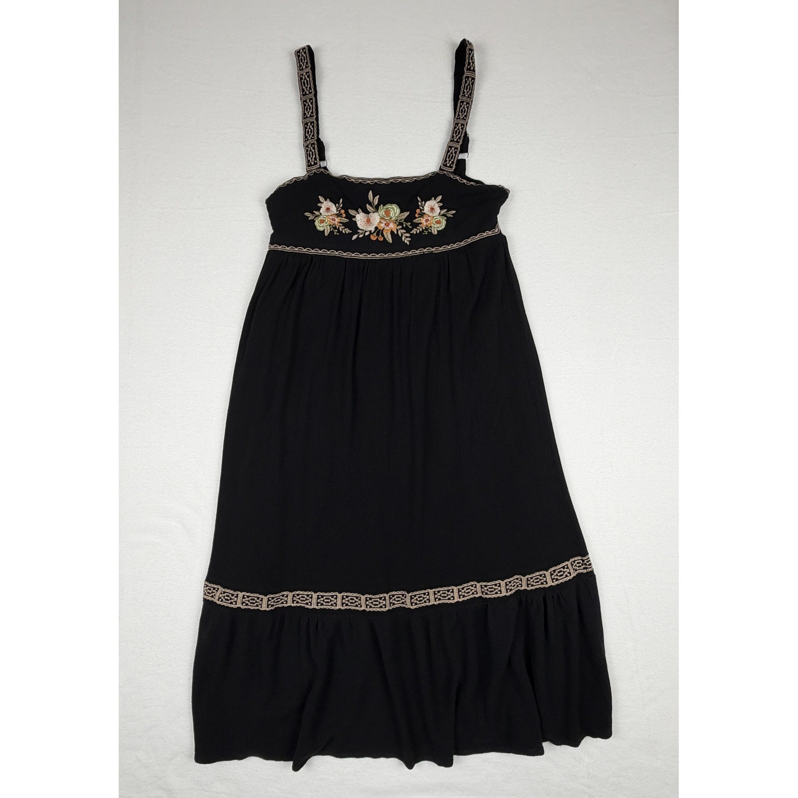 In Loom Womens Black Floral Embroidered Boho Midi Dress Smocked Back Large