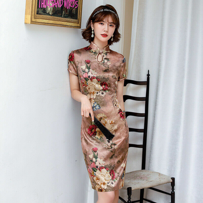 Chinese Traditional Summer Cheongsam Women Silk Mini Dress Ball Qipao M-4XL